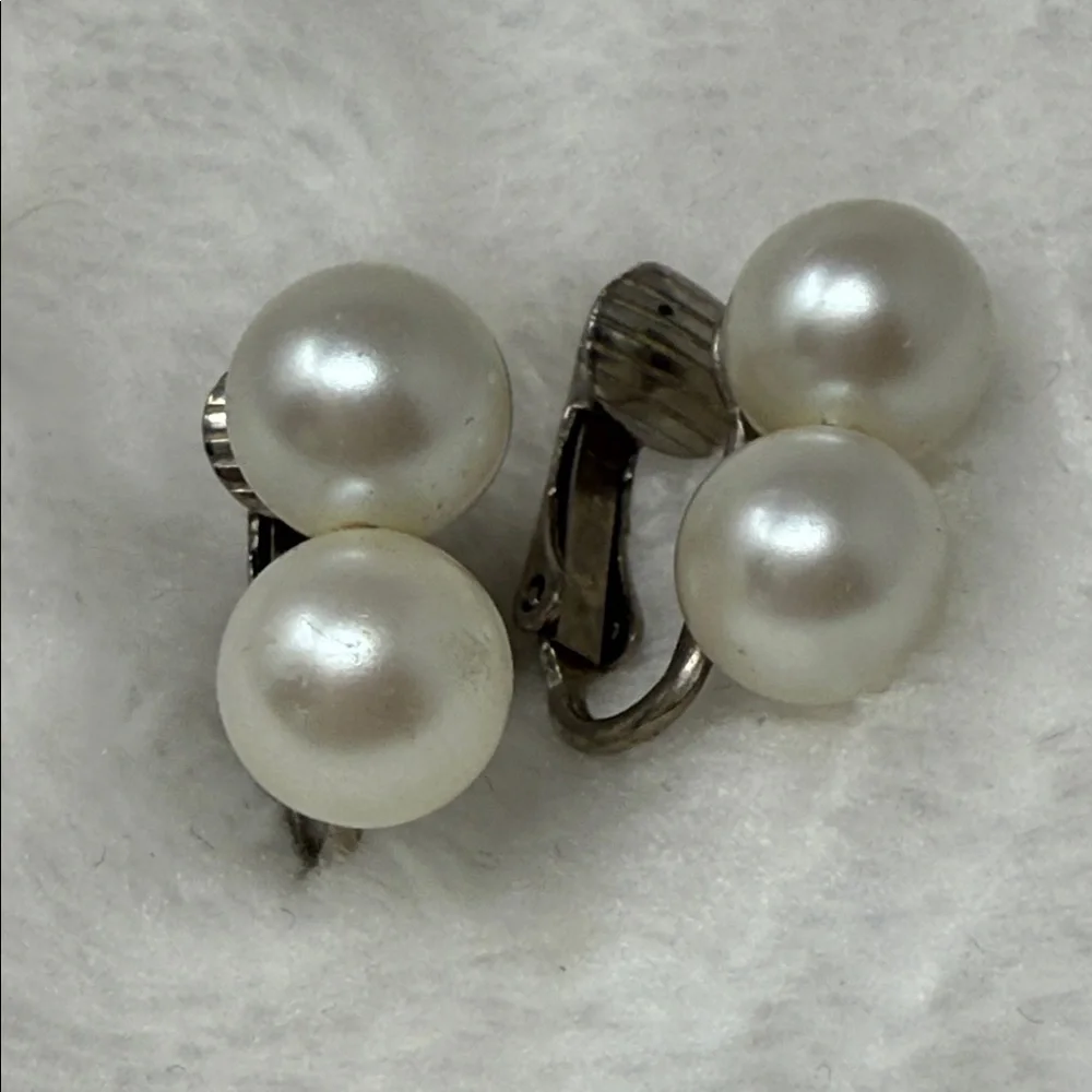 Vintage Faux Pearl Clip-On Earrings Silver Tone Double Pearl Old Hollywood glam